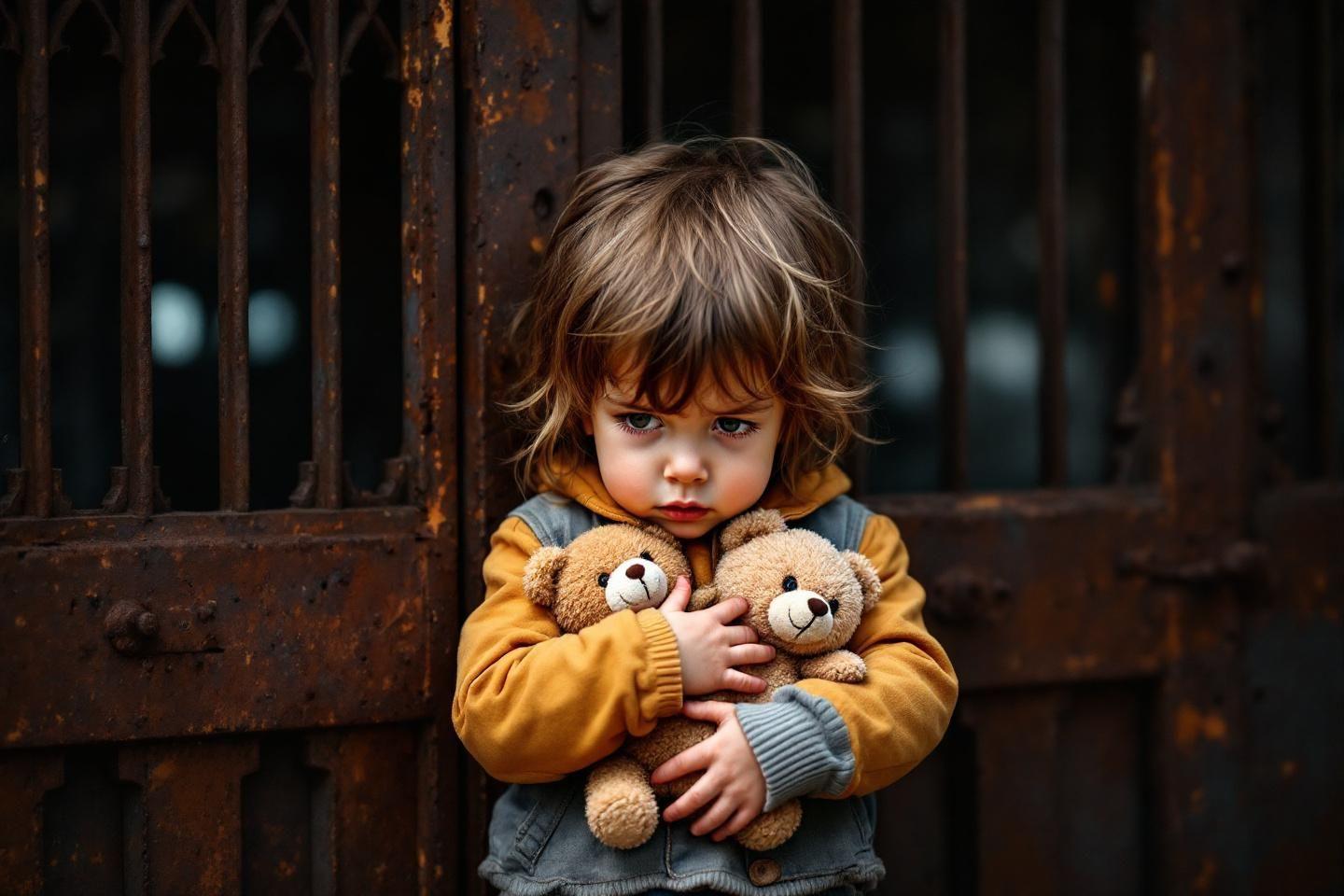 Petit enfant dans un manteau jaune serrant deux ours en peluche