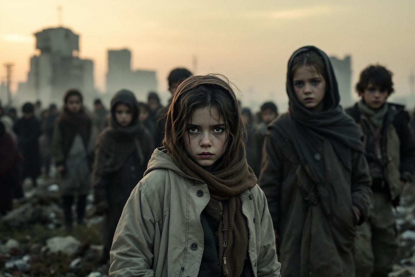 Groupe d'enfants en v&ecirc;tements sombres dans un environnement apocalyptique