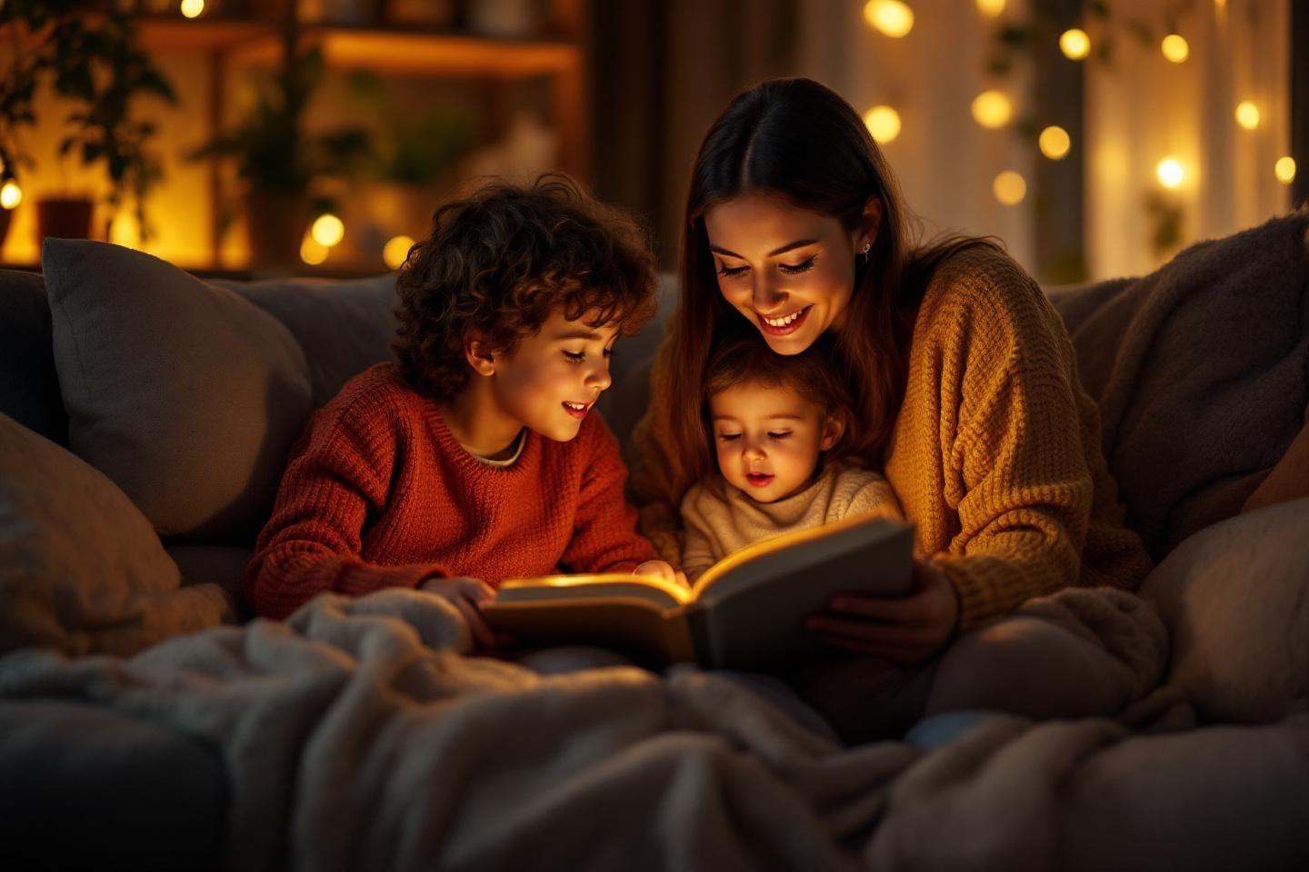 M&egrave;re et enfants lisant un livre ensemble dans une ambiance chaleureuse