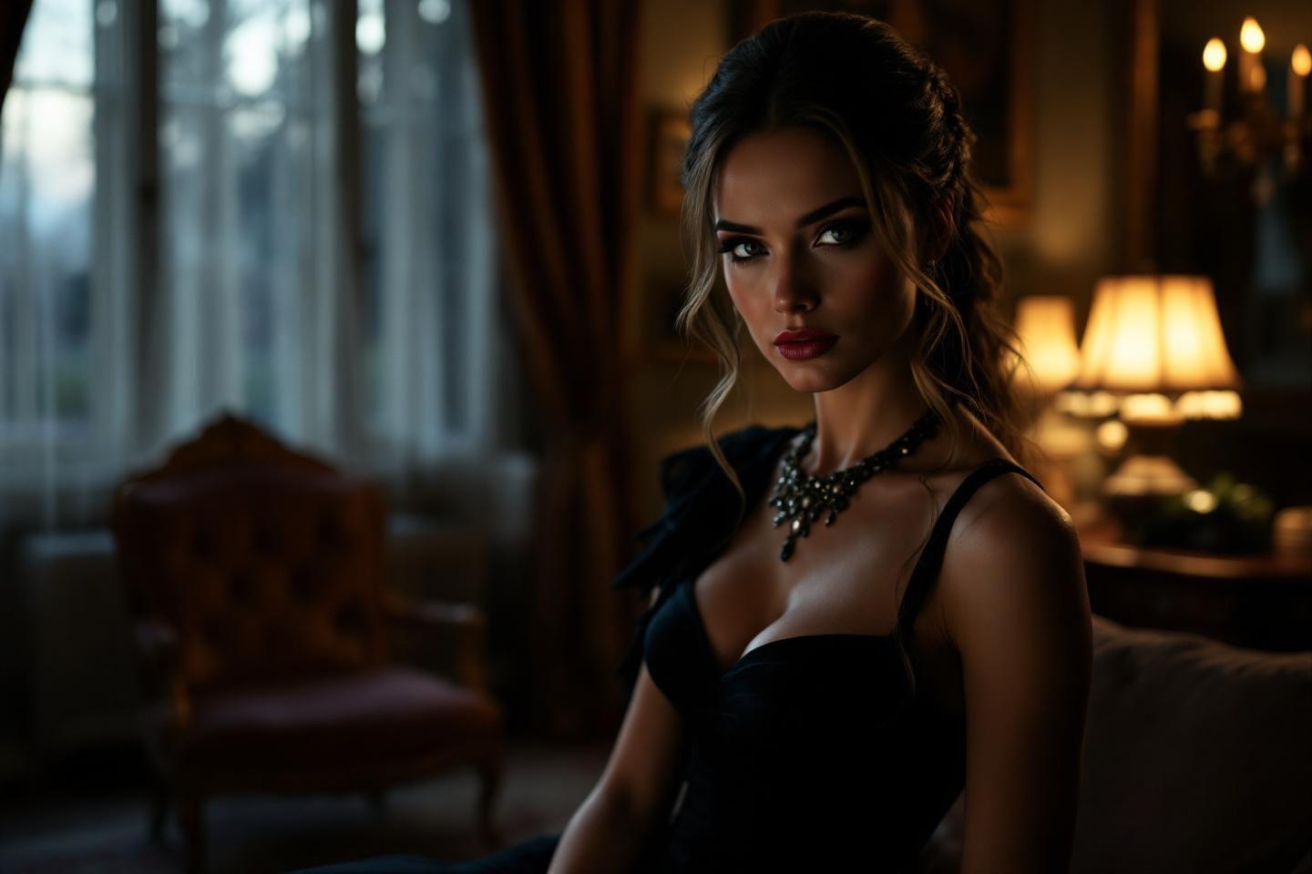 Femme glamour en robe noire, regard intense, ambiance feutr&eacute;e