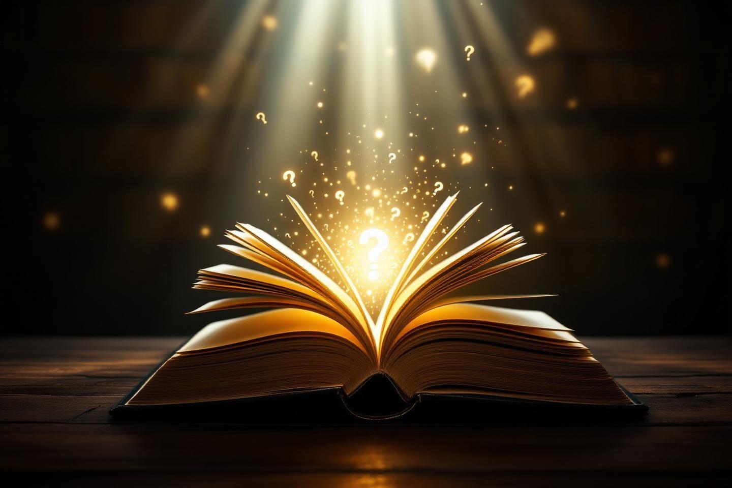 Livre ouvert brillant avec des points d'interrogation lumineux