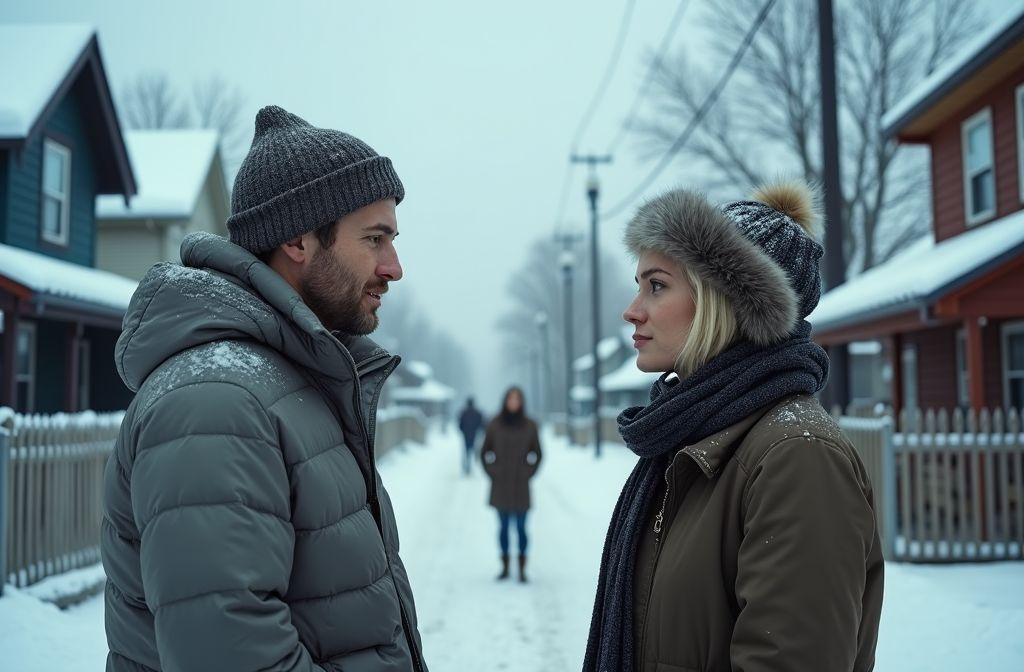 Deux personnes face à face par une journée de neige
