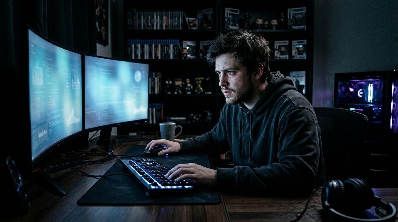 Homme codant devant écrans multiples illuminés