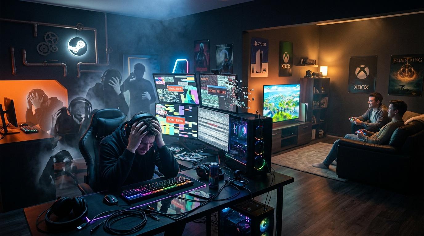 Deux gamers dans une pièce gaming high-tech avec consoles