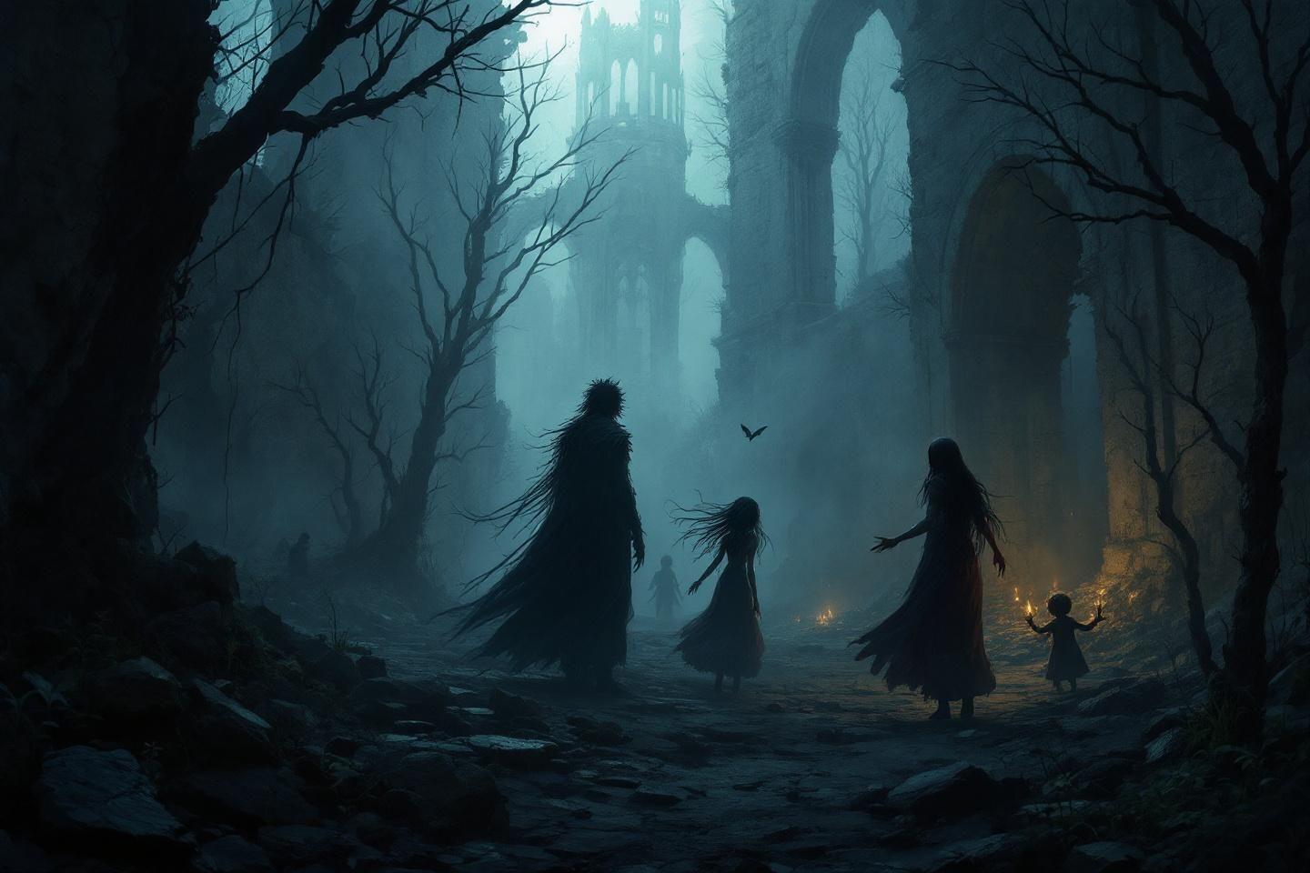 Figures sombres dans une forêt brumeuse avec des ruines gothiques