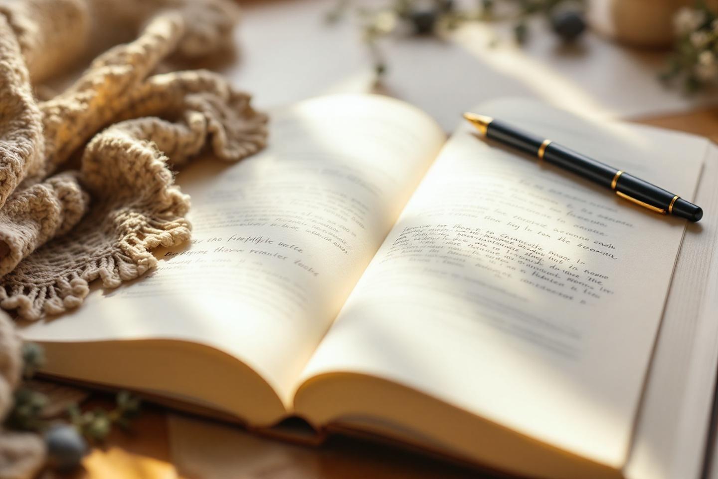 Livre ouvert, stylo et tricot sur table lumineuse