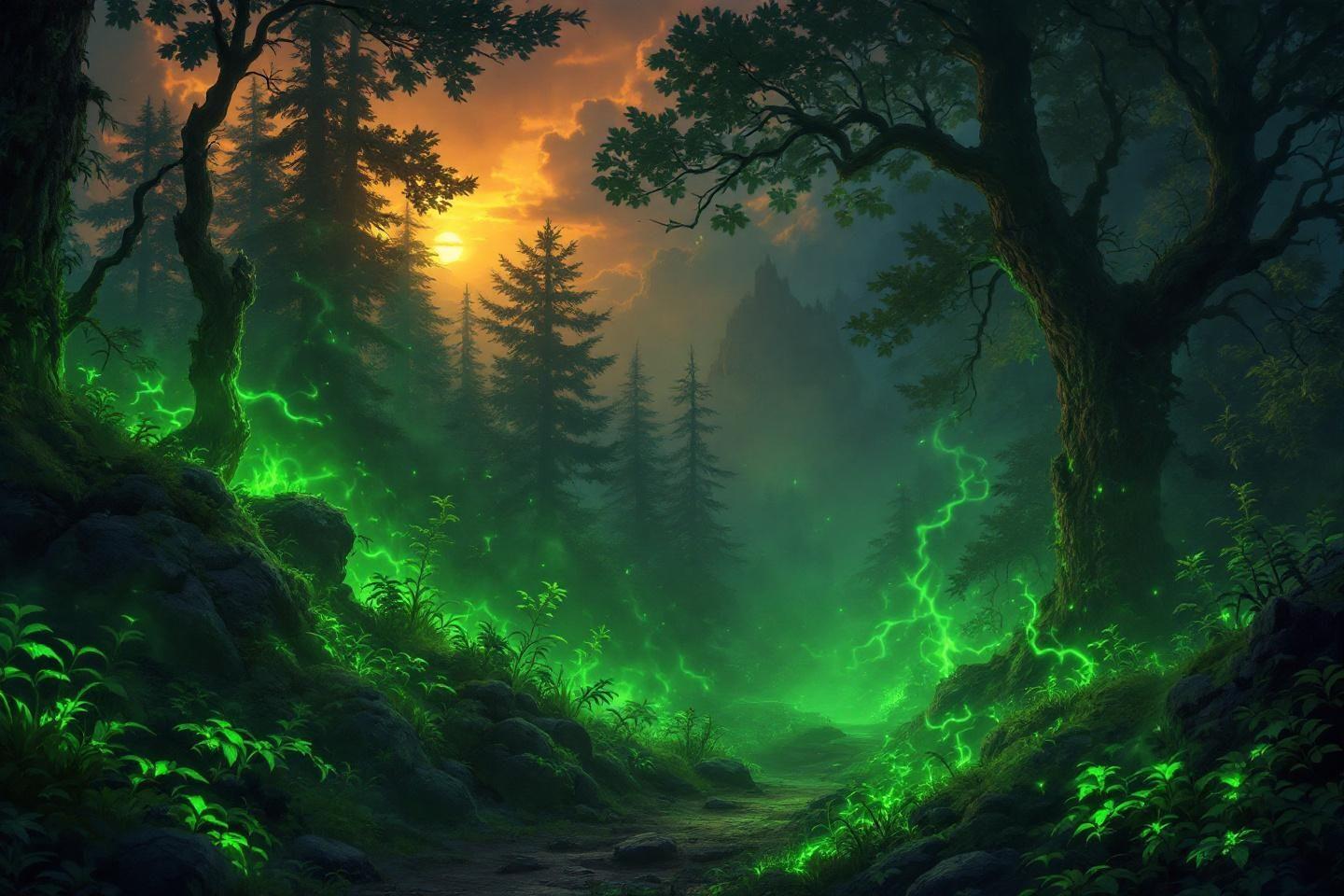For&ecirc;t sombre avec v&eacute;g&eacute;tation verte lumineuse et coucher de soleil