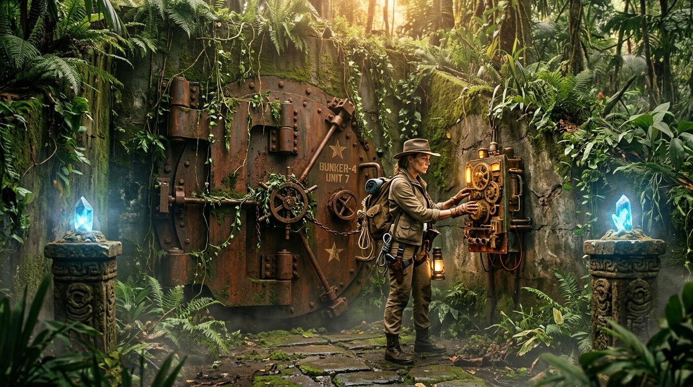Aventurier en tenue kaki devant mur métallique rouillé envahi de plantes