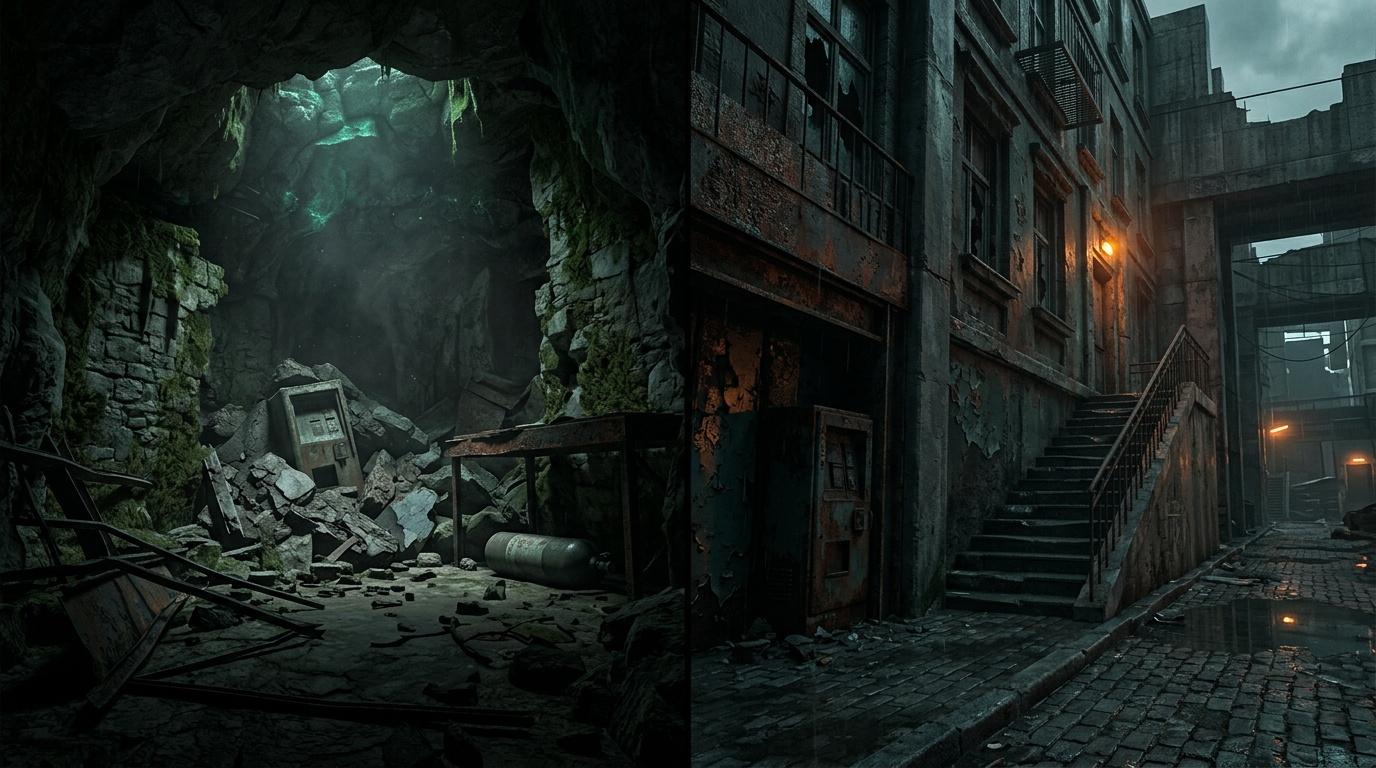Ville détruite avec bâtiments en ruines et escaliers abandonnés