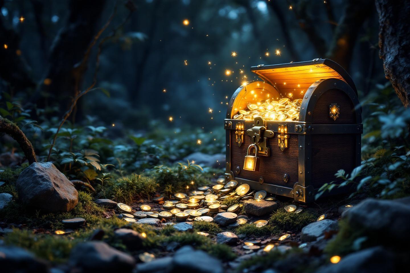 Coffre ouvert brillant avec des pi&egrave;ces d'or dans une for&ecirc;t enchant&eacute;e