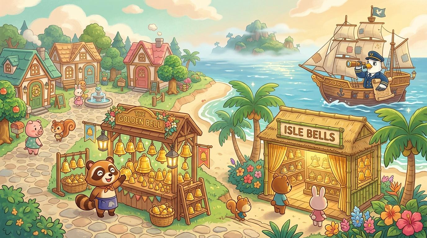 Village côtier avec boutiques de cloches et navire pirate