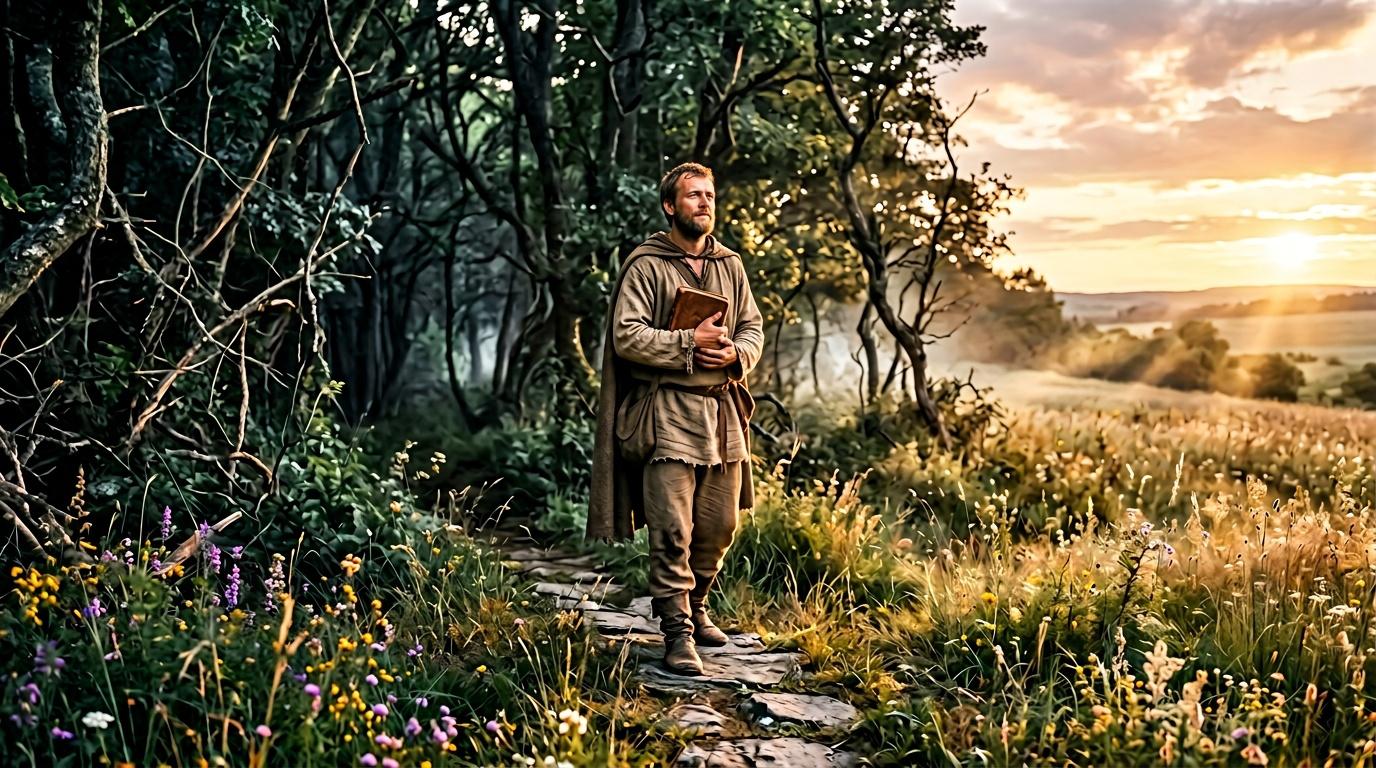 Moine en robe marron tenant un livre sur un sentier forestier au coucher de soleil