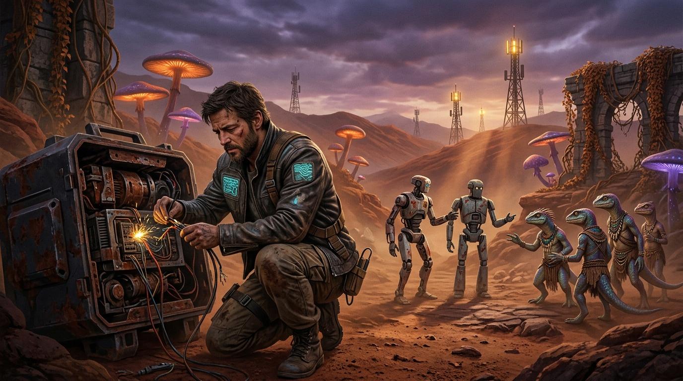 Homme réparant machine dans désert alien avec robots et créatures