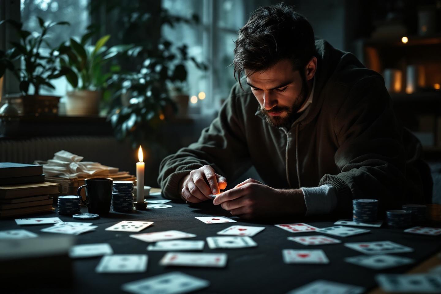 Homme pensif jouant aux cartes à la lueur des bougies