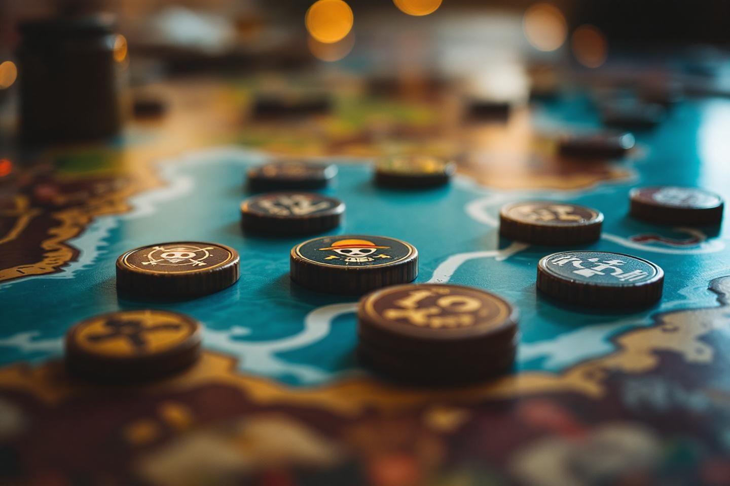Jetons noirs avec logos disposés sur un plateau de jeu coloré