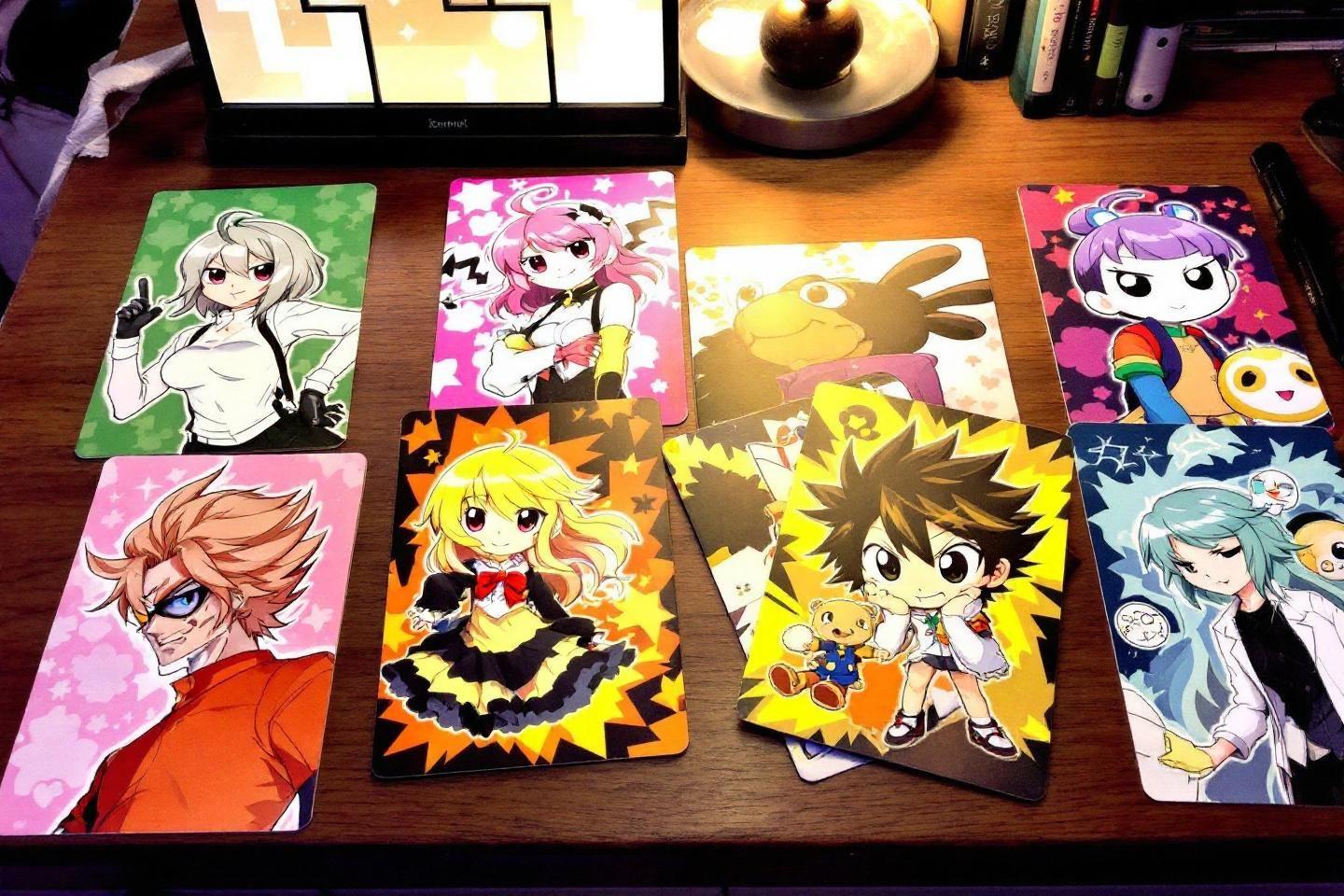 Six cartes illustrées de personnages d'anime sur un bureau en bois