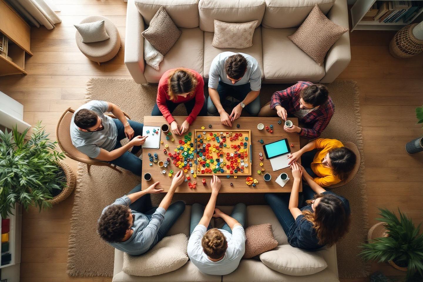 Groupe d'amis autour d'un jeu de plateau coloré