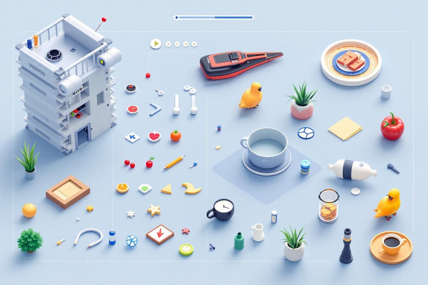 Ensemble varié de petits objets stylisés sur fond bleu clair