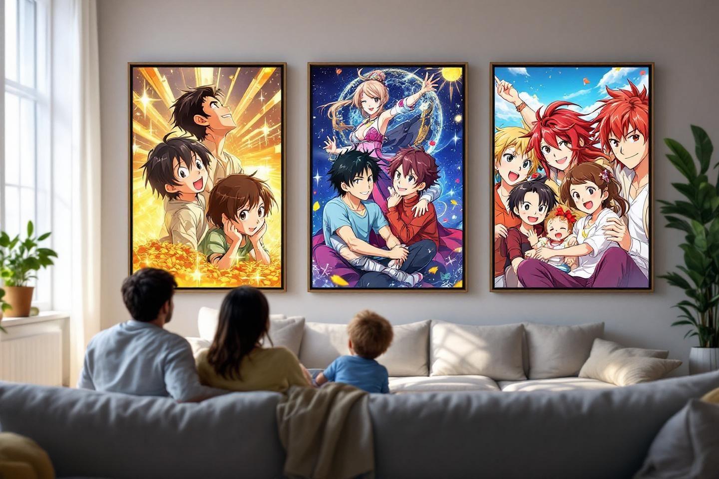 Parents et enfant observant des tableaux colorés de manga