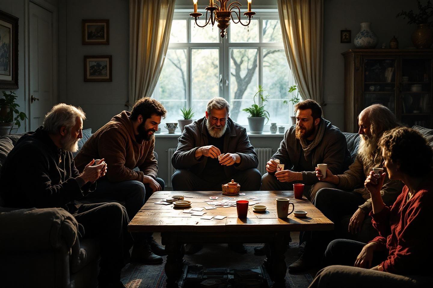 Six personnes âgées jouent aux cartes près d'une fenêtre