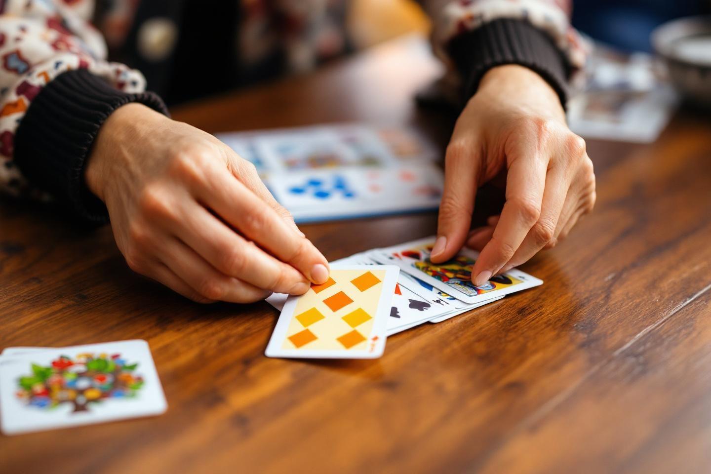 Mains de joueur manipulant des cartes à jouer colorées