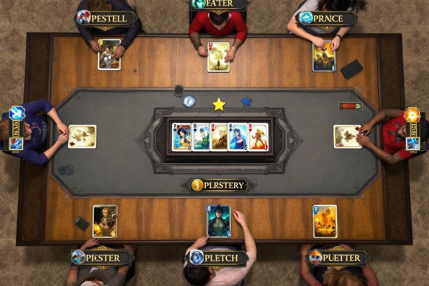 Six joueurs autour d'une table de jeu numérique avec cartes