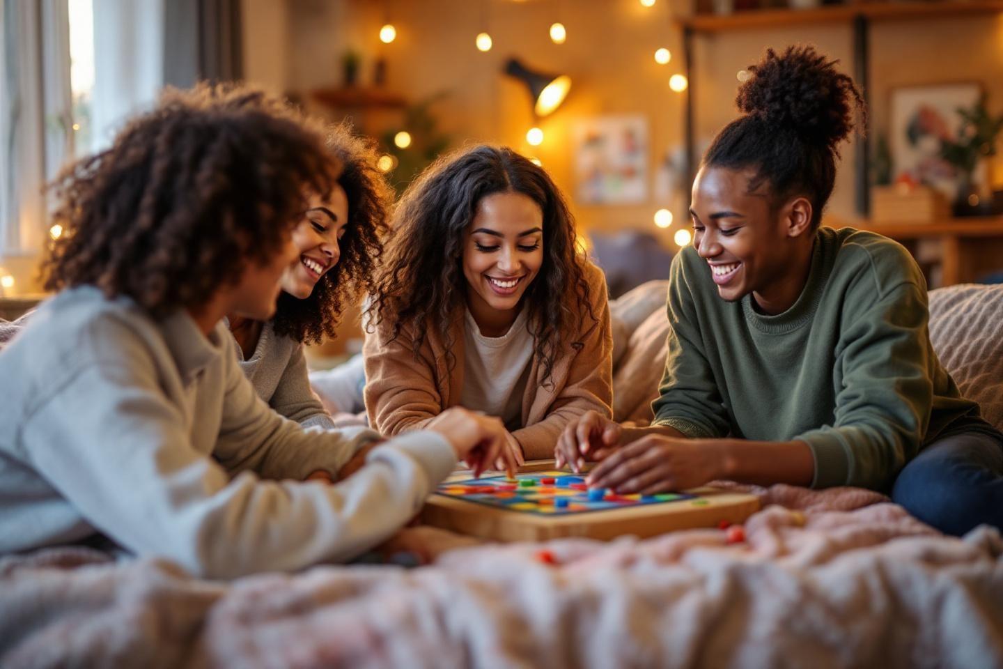 Trois femmes souriantes autour d'un plateau de jeu coloré