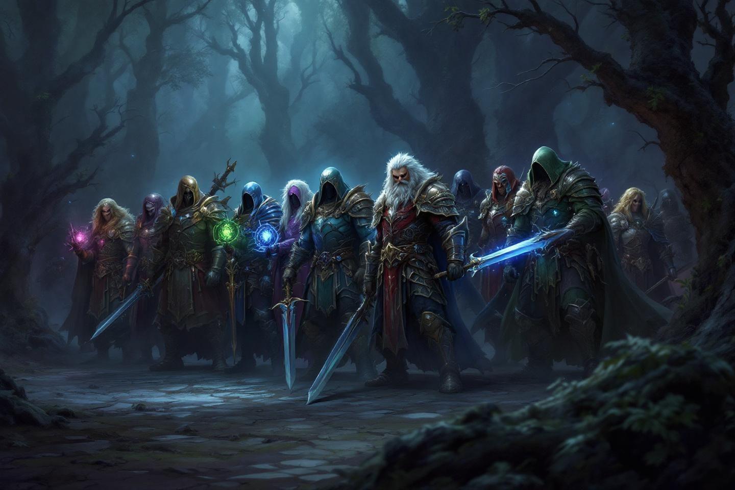 Groupe de chevaliers fantastiques avec épées et magie dans une forêt