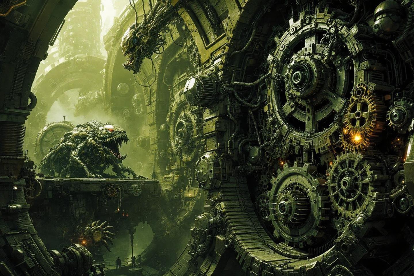 Créature technologique dans un environnement industriel complexe et glauque