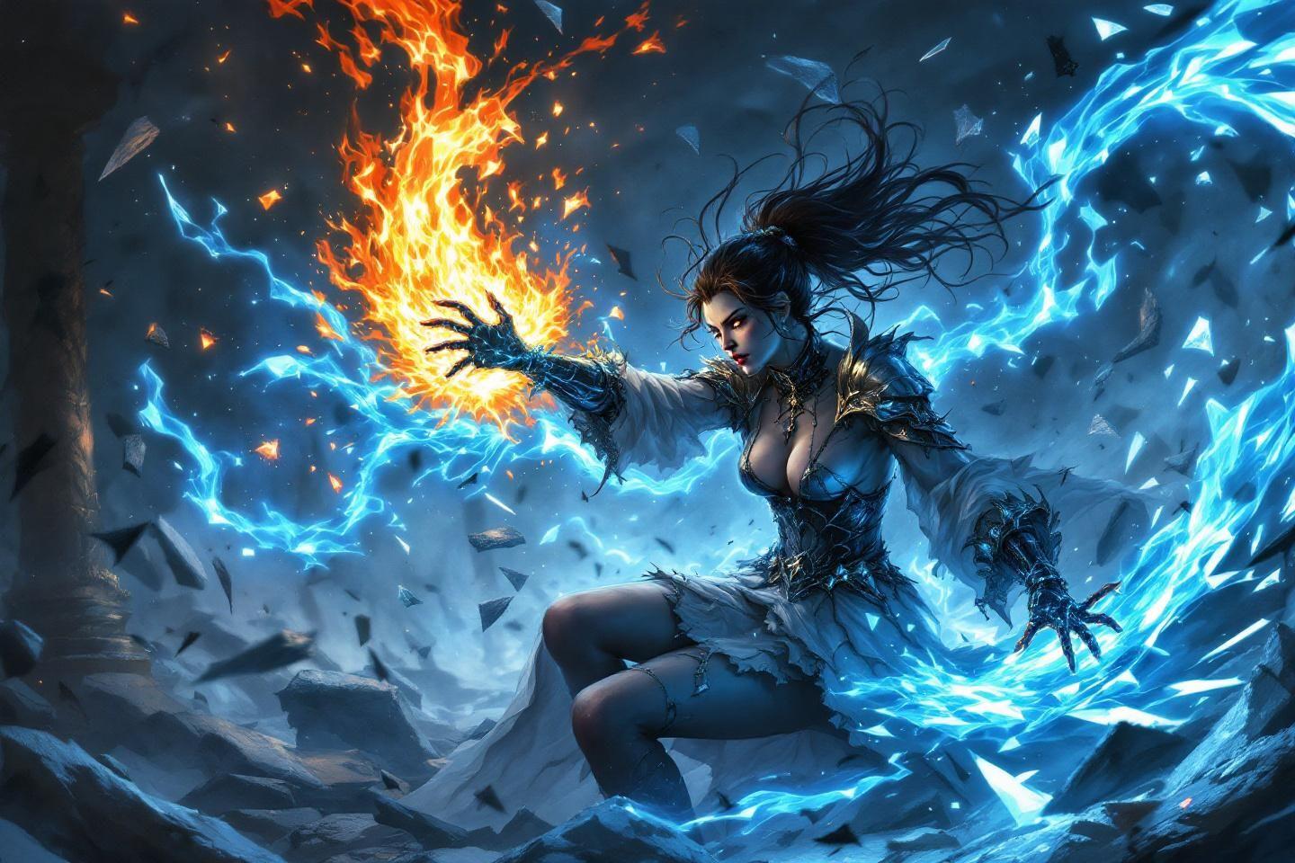 Femme puissante contr&ocirc;lant feu et &eacute;lectricit&eacute; dans un paysage glacial