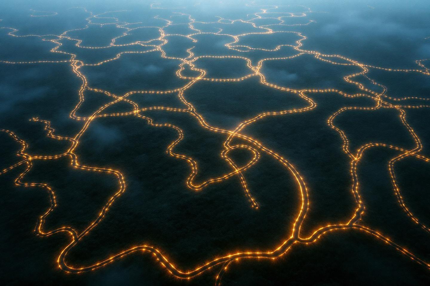 Lignes lumineuses dorées formant un réseau sinueux bleu sombre