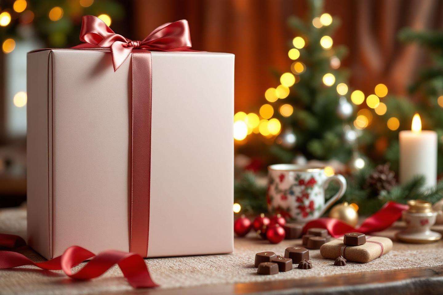 Cadeau avec ruban rouge pr&egrave;s d'un arbre de No&euml;l et de chocolats