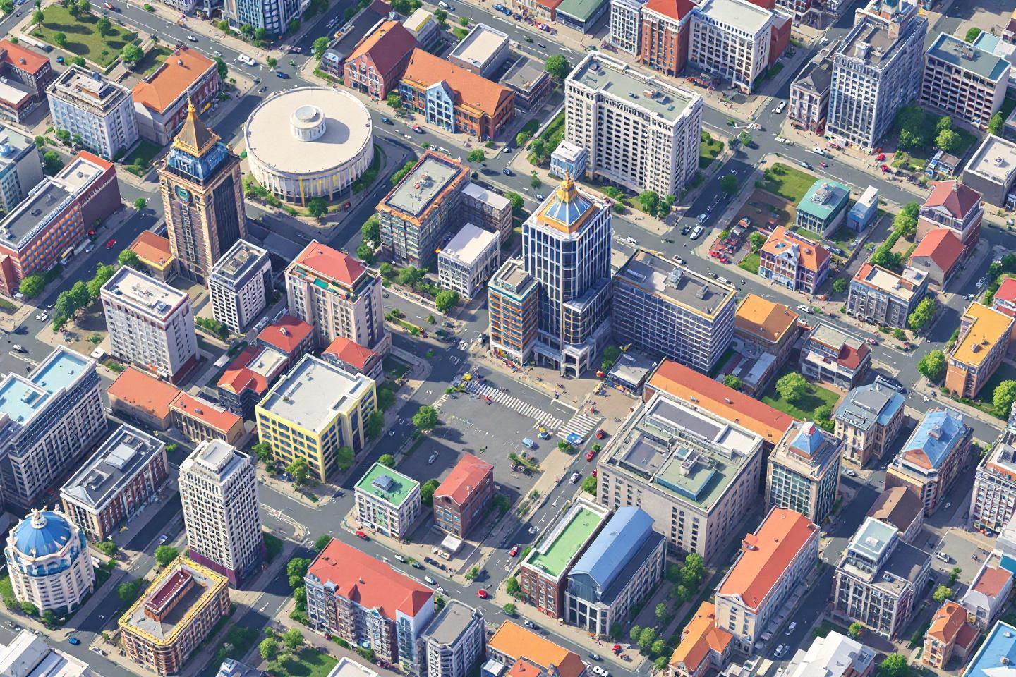 Paysage urbain moderne avec immeubles de différentes hauteurs et couleurs