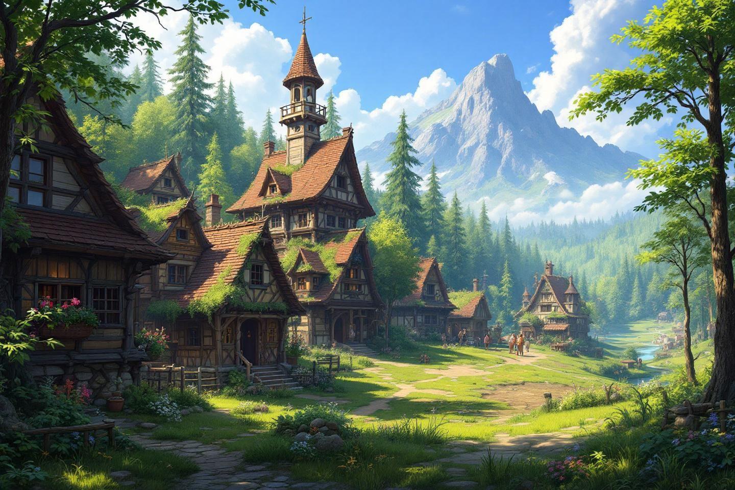 Maisons en bois pittoresques avec montagne et forêt verdoyante