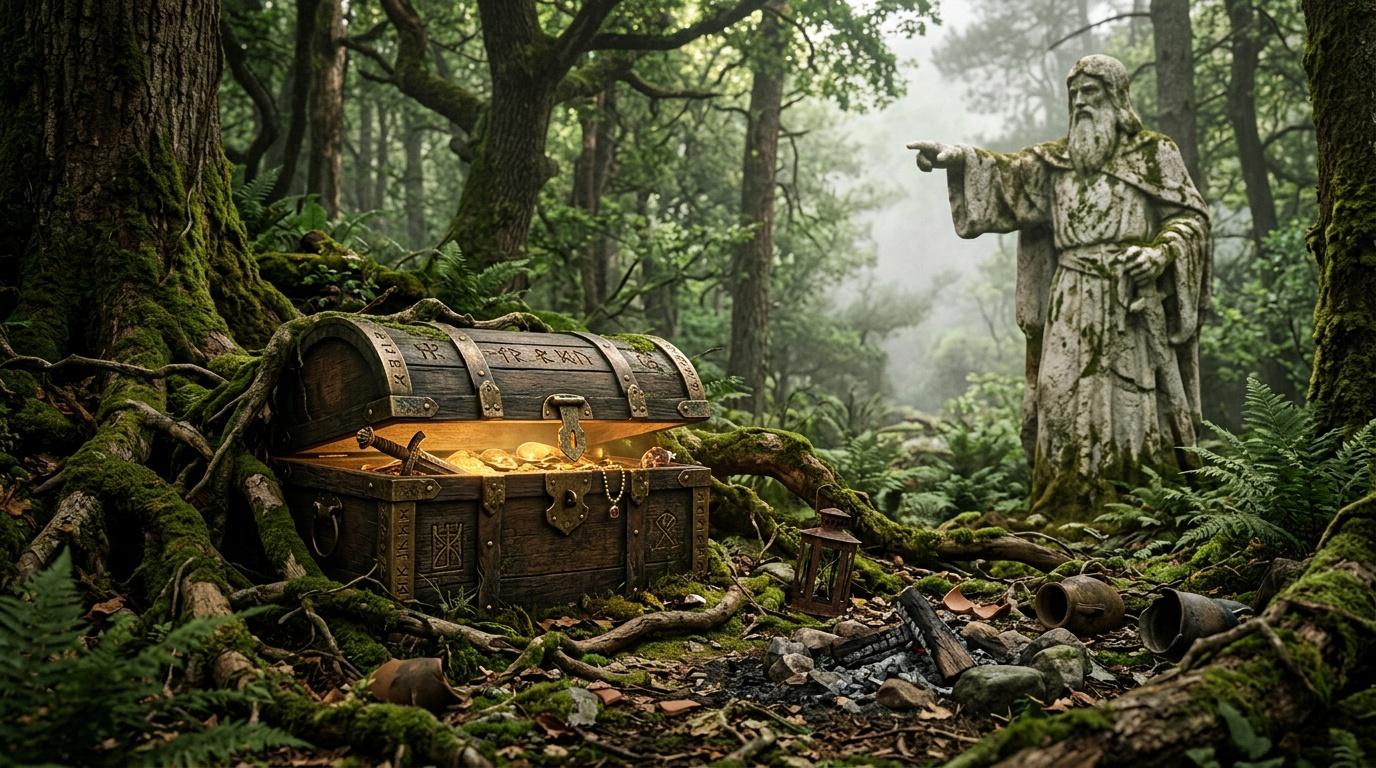 Statue gardienne pointant vers un coffre au trésor dans une forêt ancienne