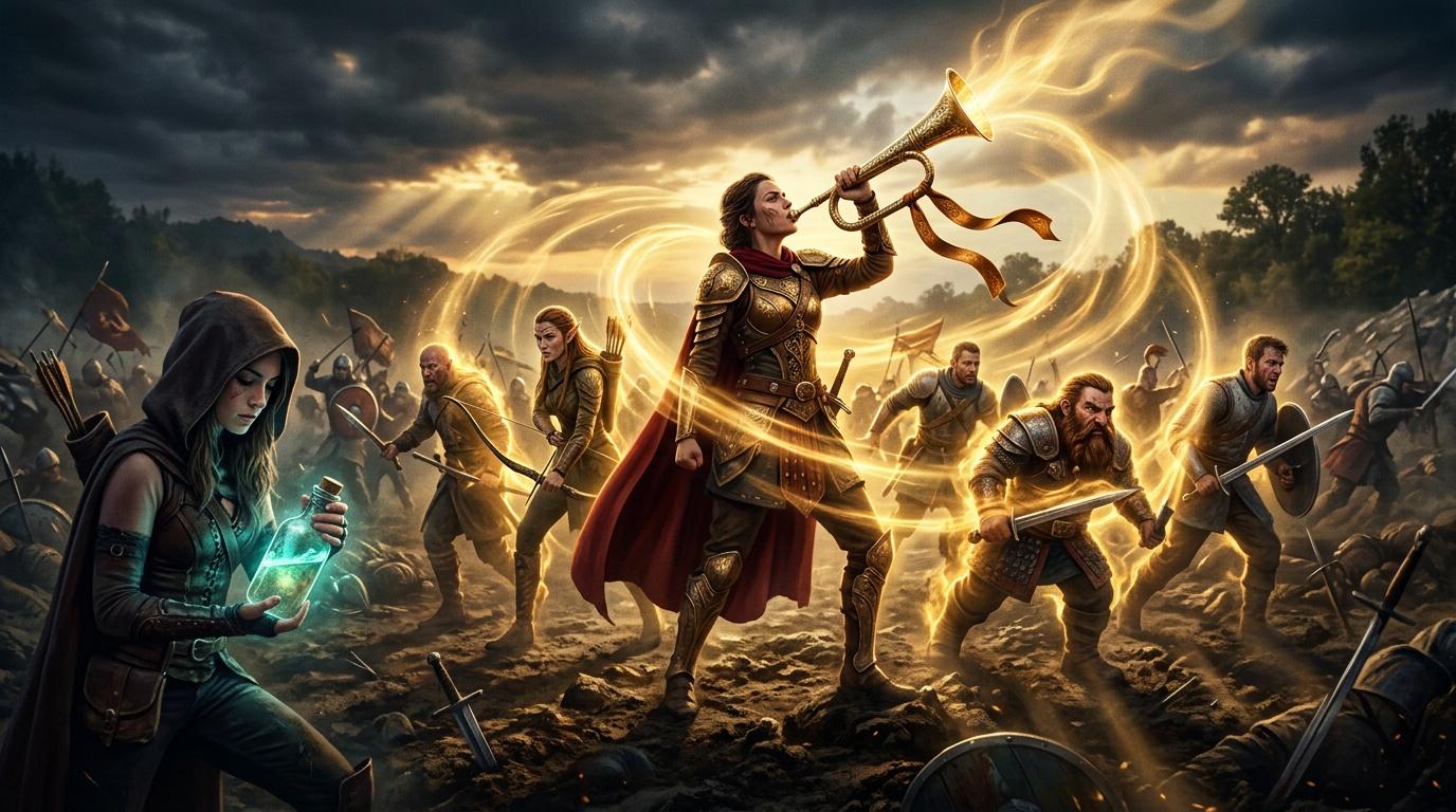 Guerriers fantasy avec pouvoirs magiques au combat, lumière dorée.
