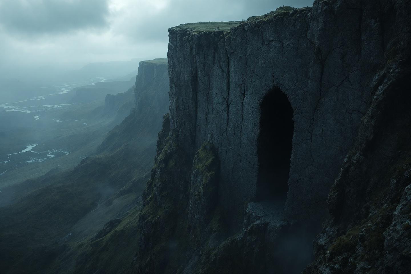 Haute falaise rocheuse avec brouillard et vallée lointaine