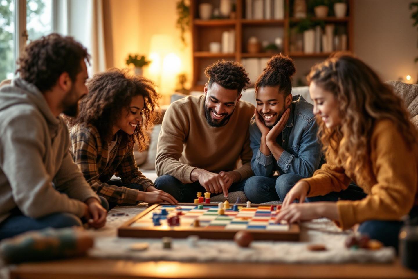 Groupe joyeux réuni autour d'un plateau de jeu à la maison
