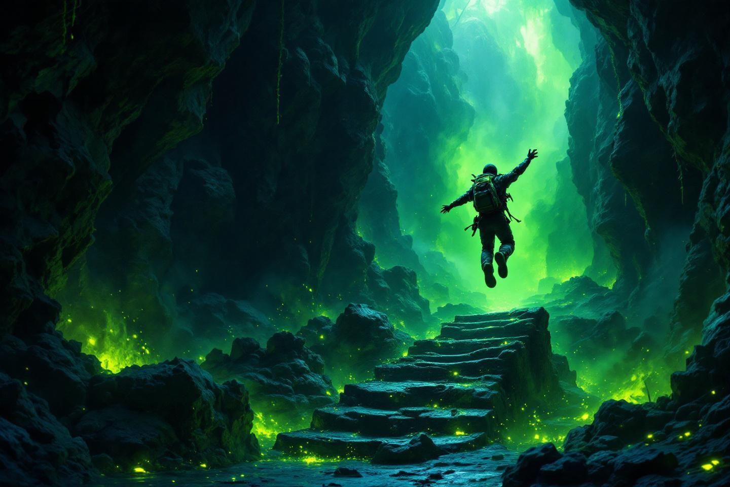 Explorateur sautant dans une grotte verdoyante mystérieuse