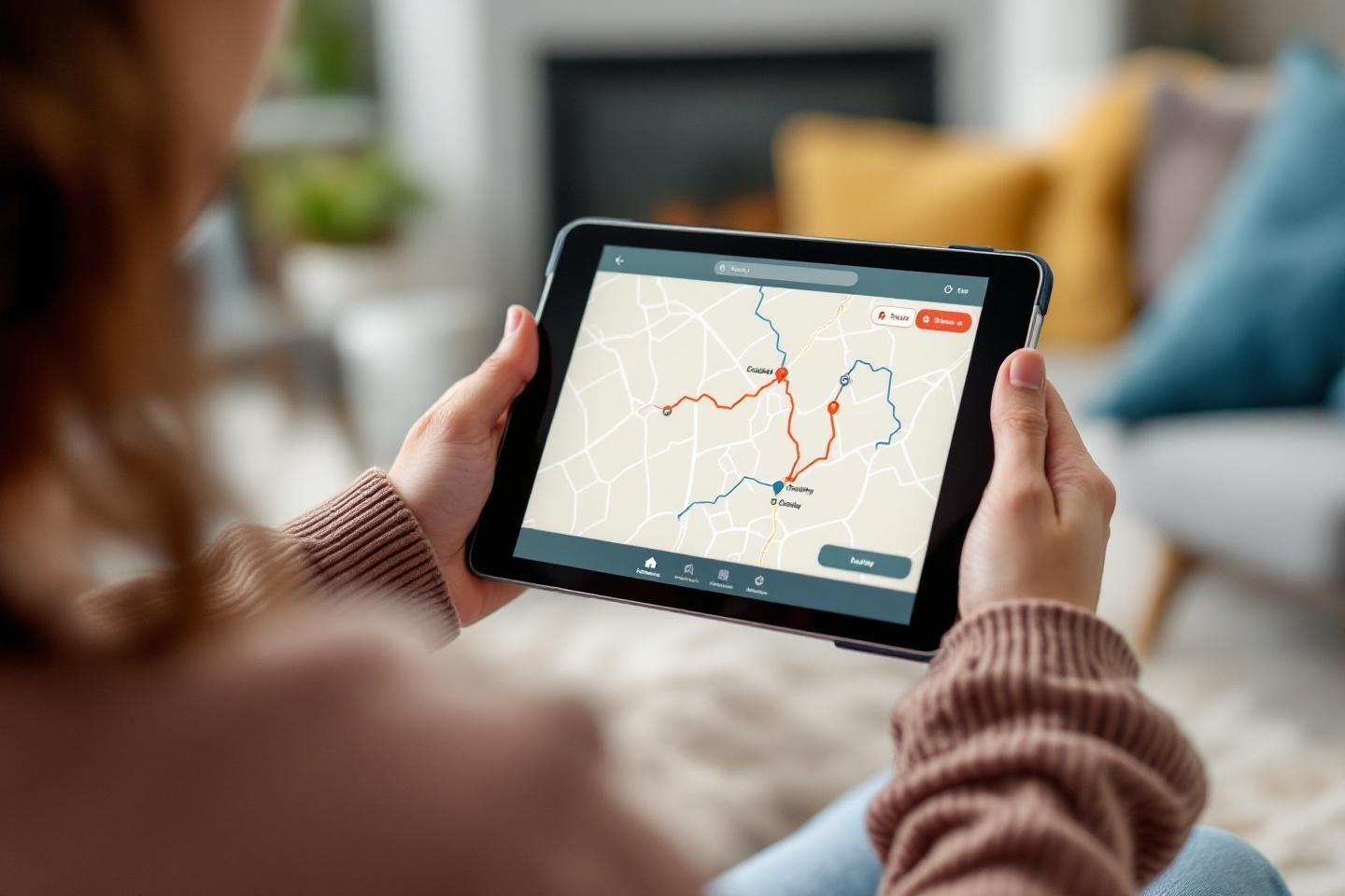 Écran de tablette montrant un plan avec des routes colorées