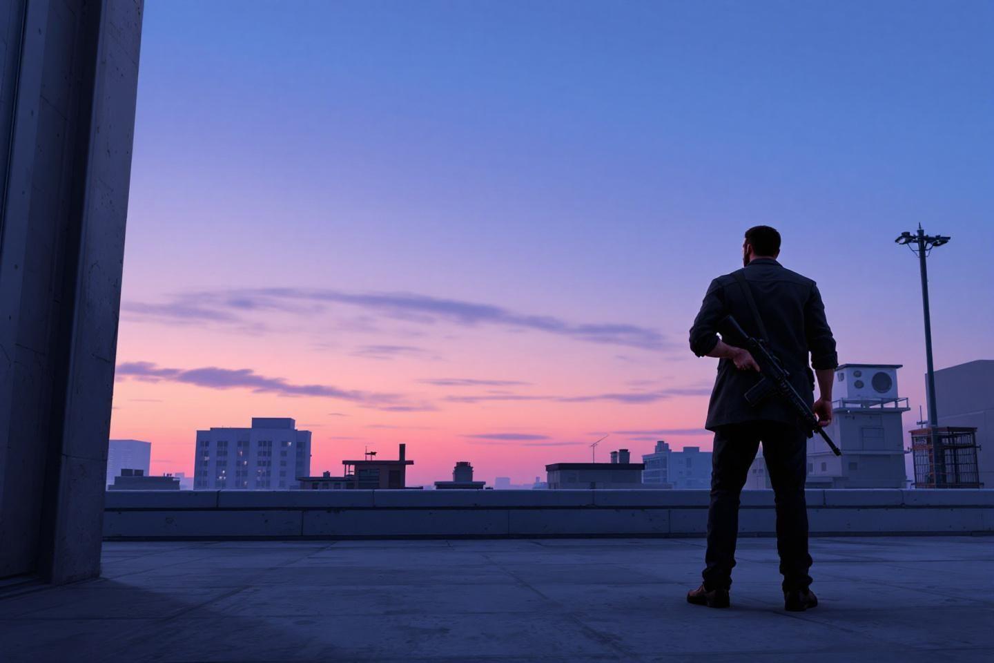 Homme dos à la caméra, vue sur la ville au coucher du soleil