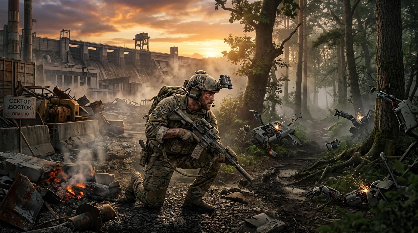 Soldat armé dans ruines avec explosions et forêt