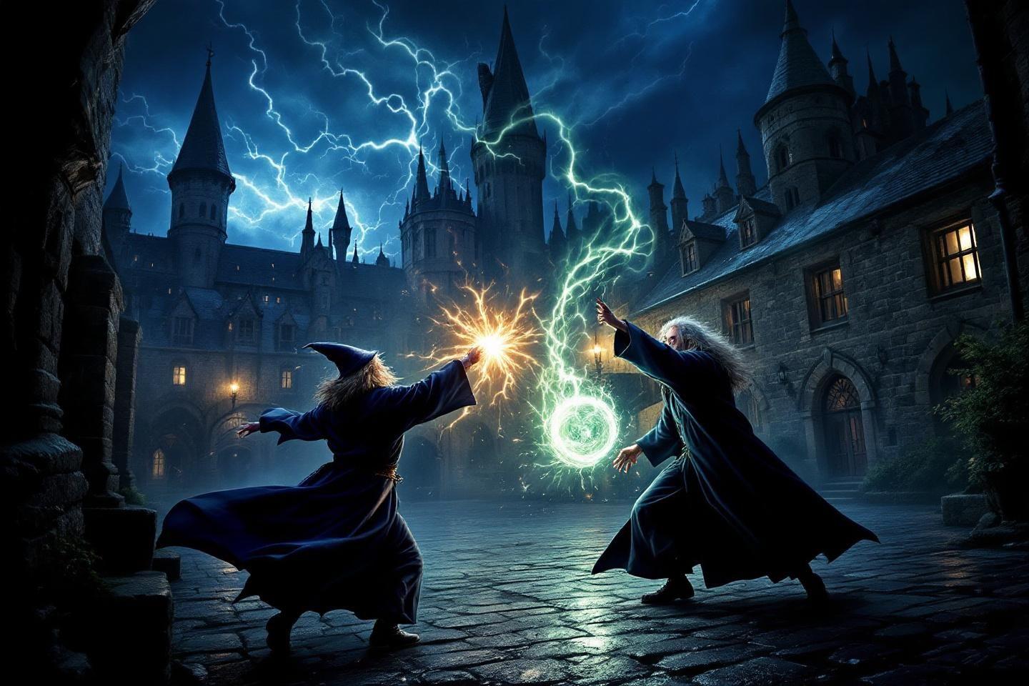 Deux magiciens s'affrontent avec des sortil&egrave;ges lumineux
