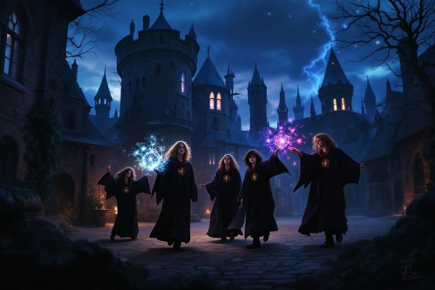 Magiciens en robe noire lan&ccedil;ant des sorts magiques bleus et violets