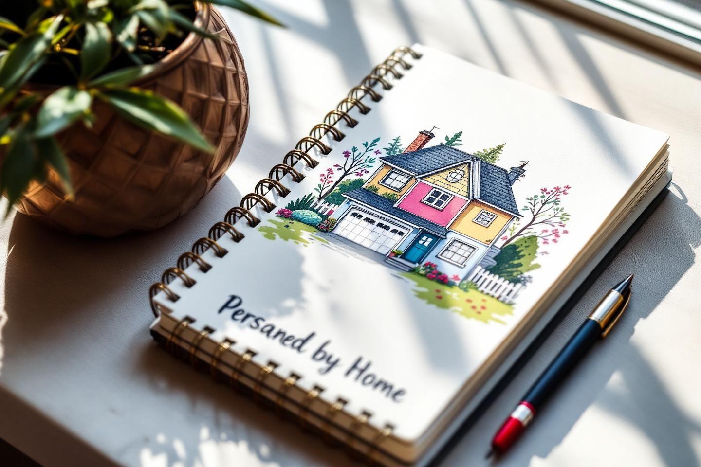 Carnet ouvert avec dessin d'une maison multicolore et plante