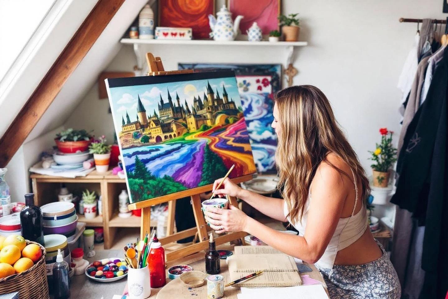 Femme cr&eacute;ative travaillant sur une toile color&eacute;e dans un atelier lumineux