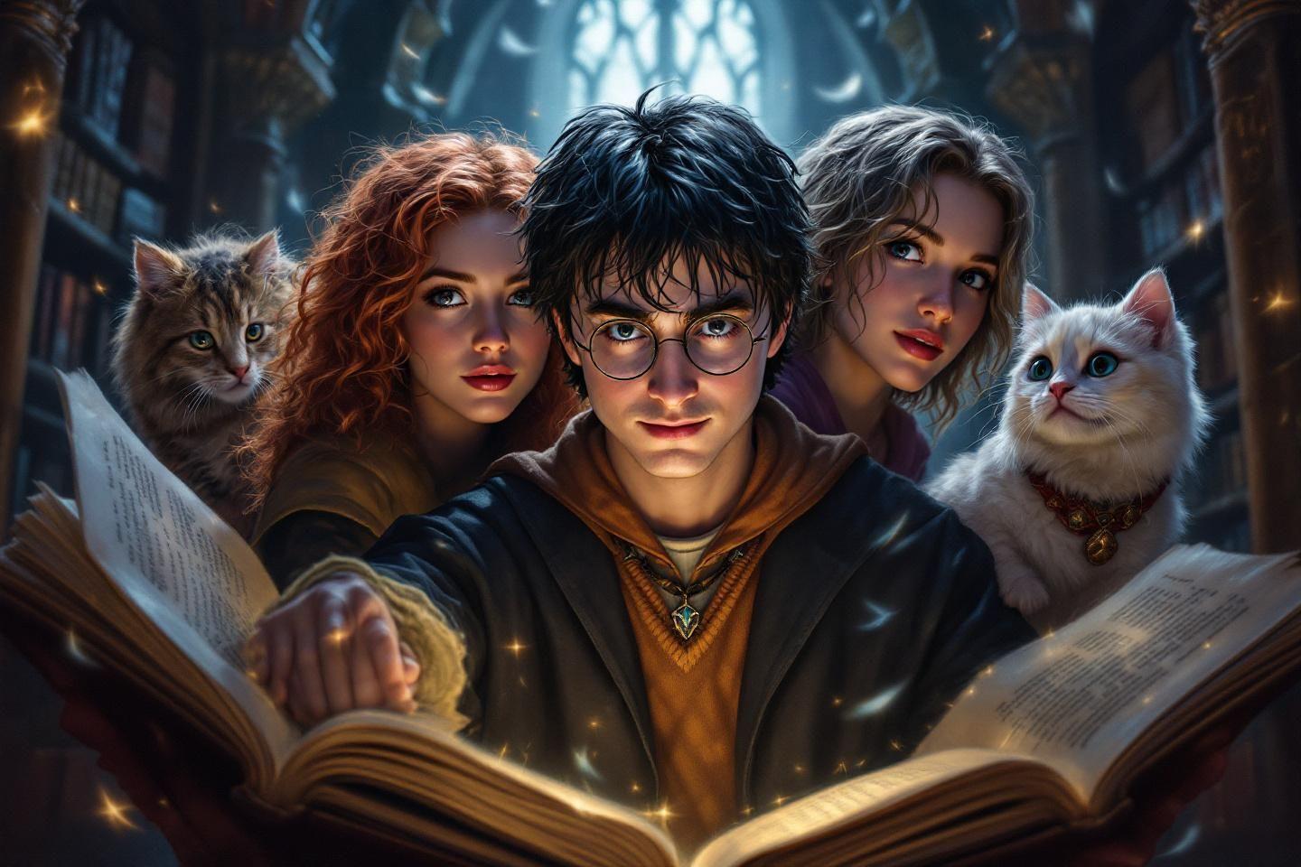 Trois personnages et chats lisant un livre magique &agrave; la lueur des bougies
