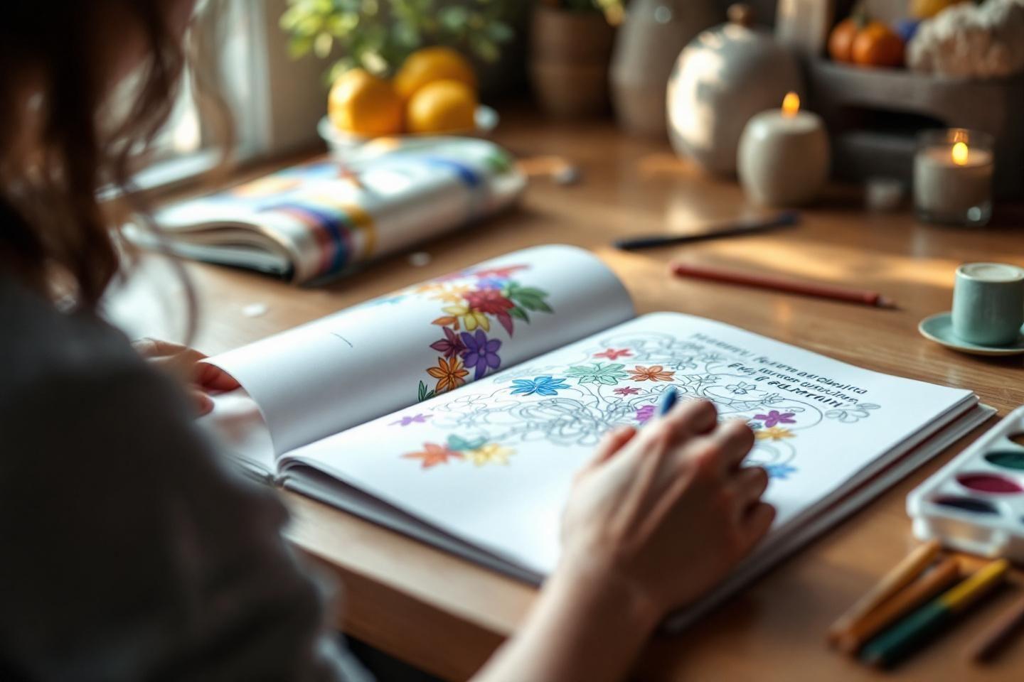 Livre de coloriage ouvert avec des couleurs et des bougies