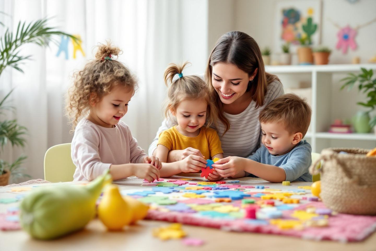 Femme et trois enfants assemblant des puzzles colorés