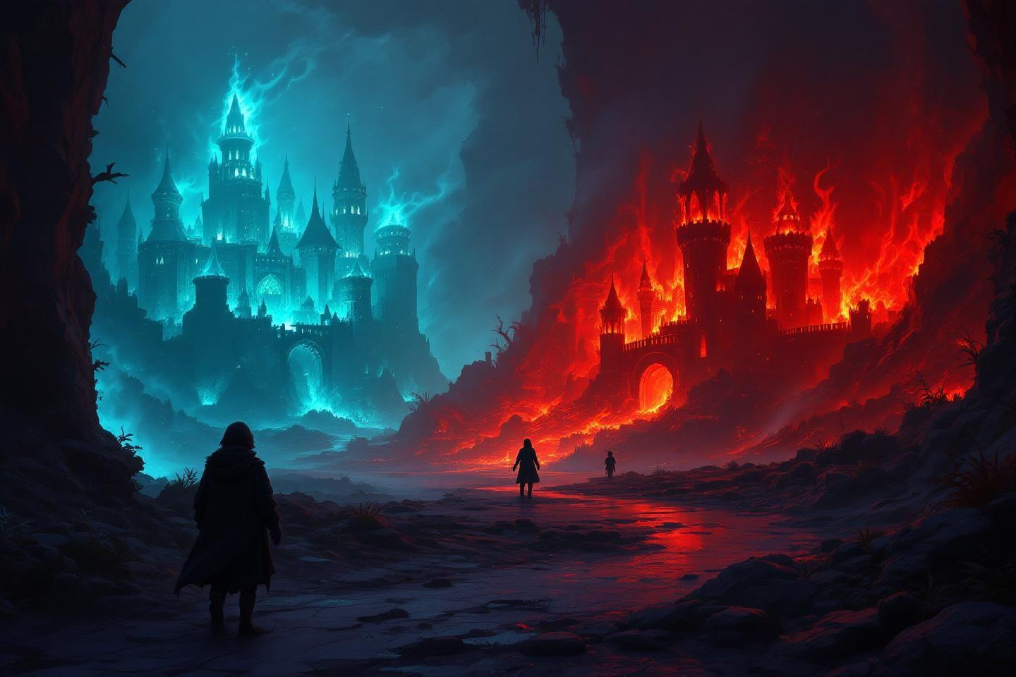 Deux forteresses mystiques, l'une bleue, l'autre enflammée, dans un paysage sombre